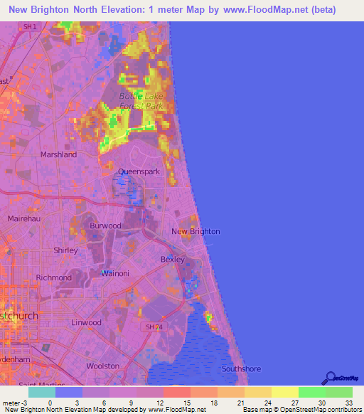 Brighton New Zealand Map Elevation Of New Brighton North,New Zealand Elevation Map, Topography,  Contour