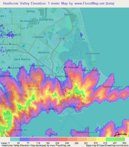 Elevation of Heathcote Valley,New Zealand Elevation Map, Topography
