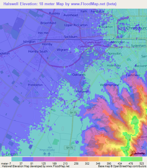 Halswell,New Zealand Elevation Map