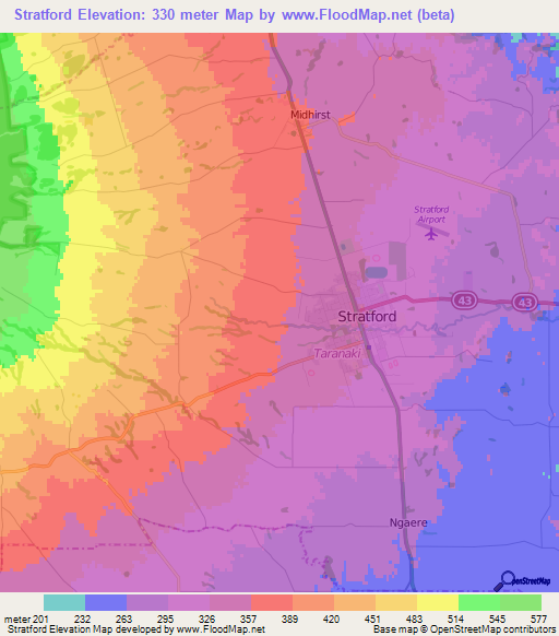 Stratford,New Zealand Elevation Map