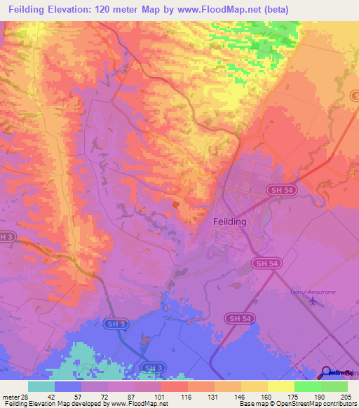 Feilding,New Zealand Elevation Map