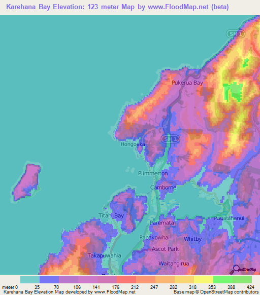 Karehana Bay,New Zealand Elevation Map