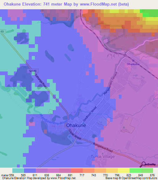 Ohakune,New Zealand Elevation Map