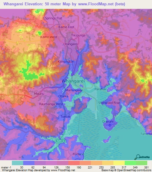 Whangarei,New Zealand Elevation Map