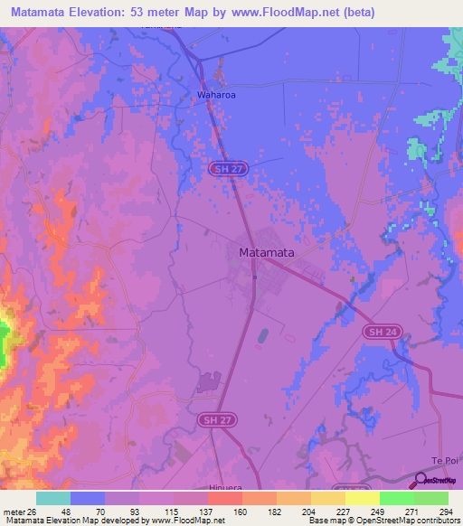 Matamata,New Zealand Elevation Map