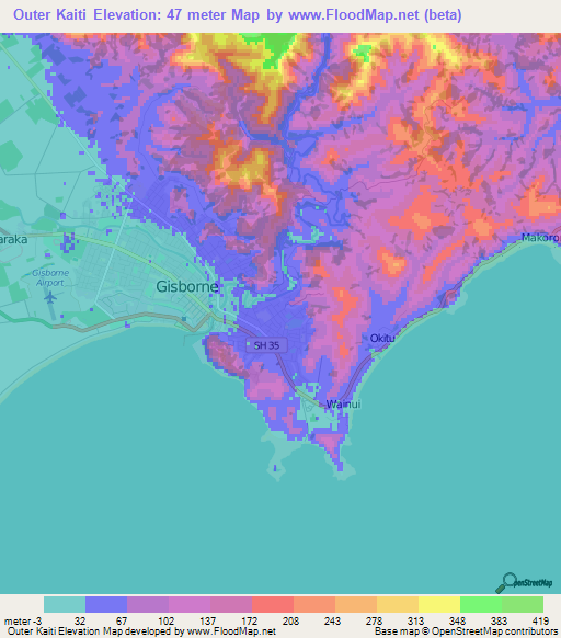 Outer Kaiti,New Zealand Elevation Map