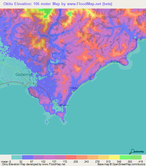 Okitu,New Zealand Elevation Map