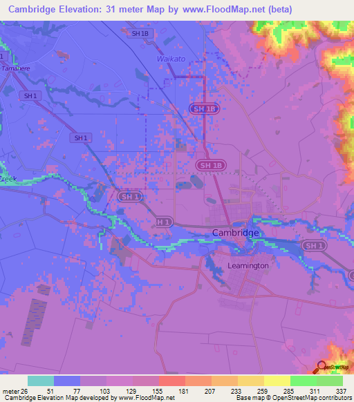 Cambridge,New Zealand Elevation Map