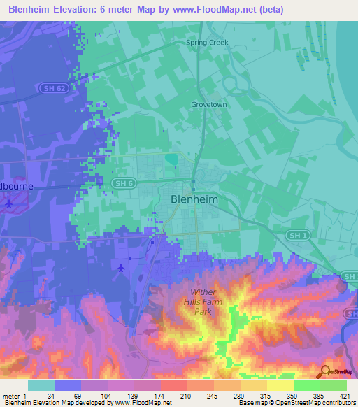 Blenheim,New Zealand Elevation Map
