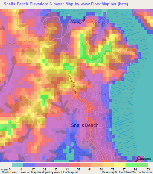 Snells Beach,New Zealand Elevation Map