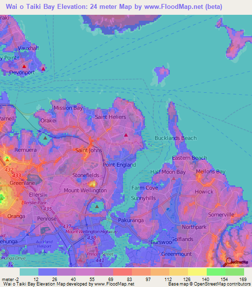 Wai o Taiki Bay,New Zealand Elevation Map