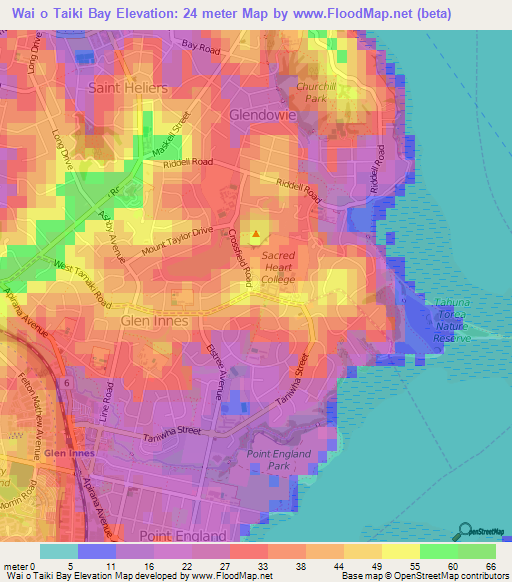 Wai o Taiki Bay,New Zealand Elevation Map