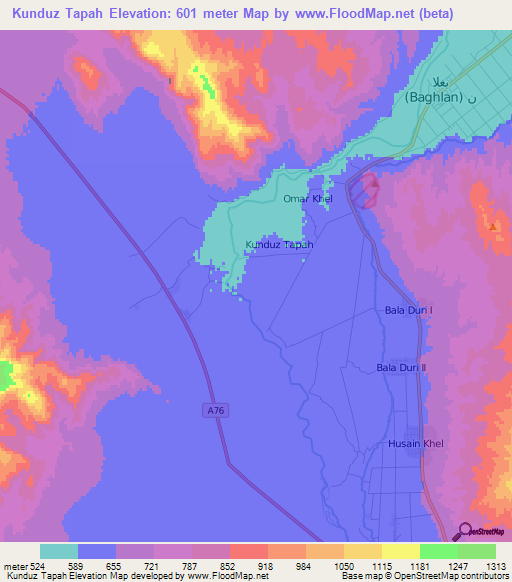 Kunduz Tapah,Afghanistan Elevation Map