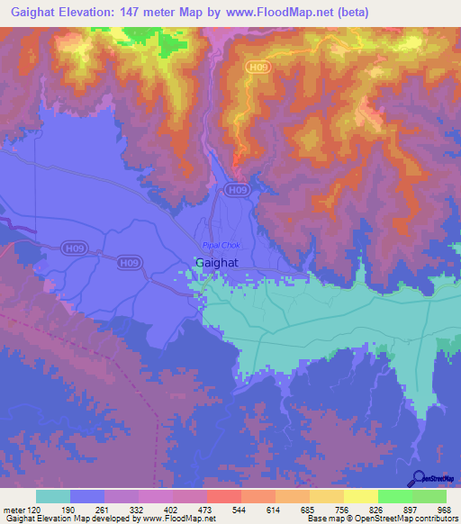 Gaighat,Nepal Elevation Map