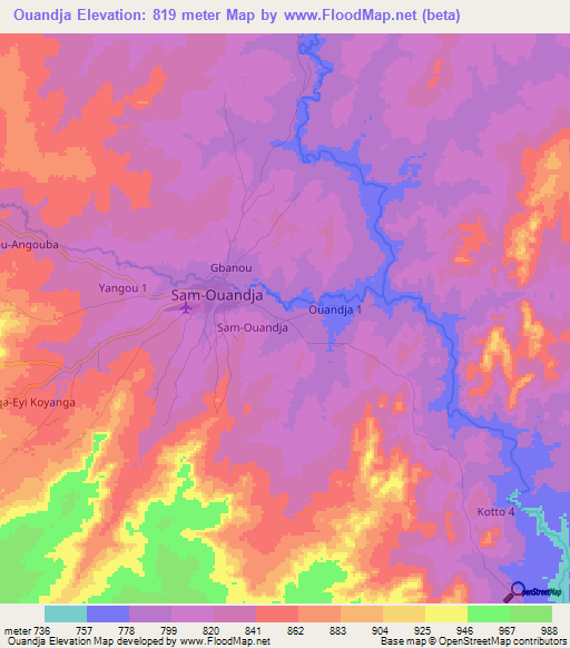 Ouandja,Central African Republic Elevation Map