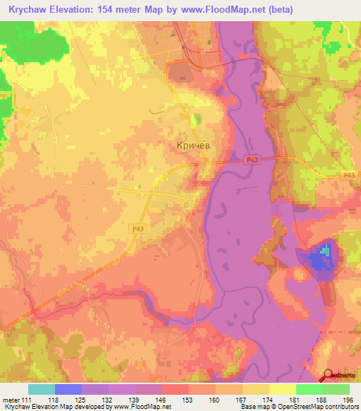 Krychaw,Belarus Elevation Map