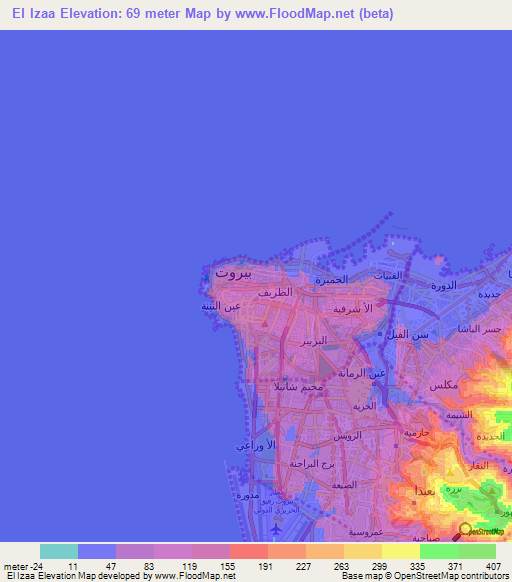El Izaa,Lebanon Elevation Map