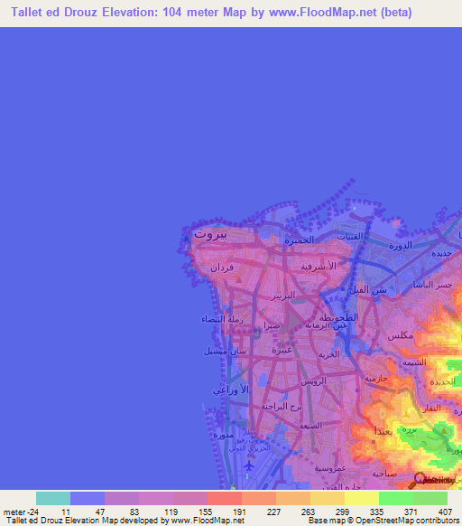 Tallet ed Drouz,Lebanon Elevation Map
