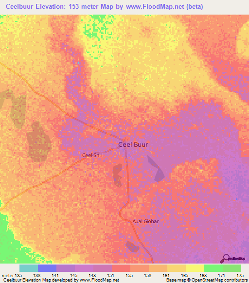 Ceelbuur,Somalia Elevation Map