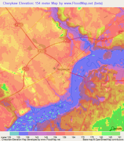 Cherykaw,Belarus Elevation Map