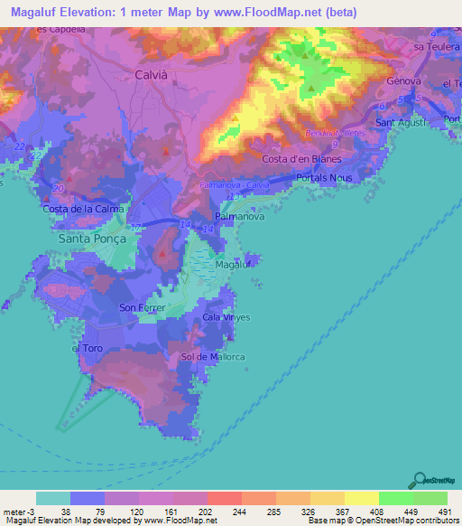 Magaluf,Spain Elevation Map