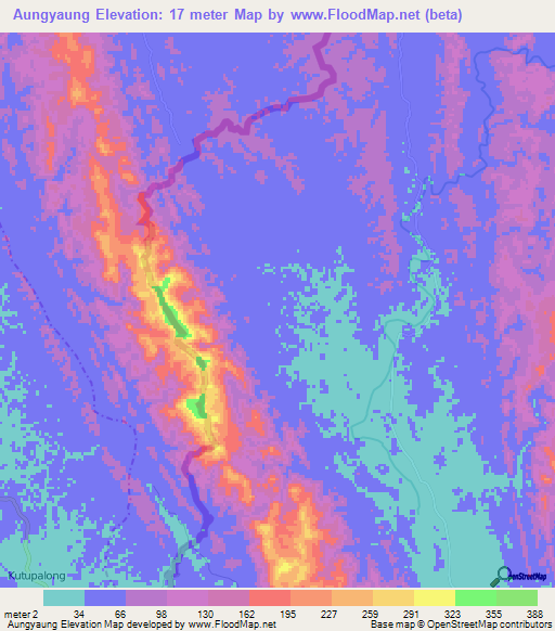 Aungyaung,Myanmar Elevation Map