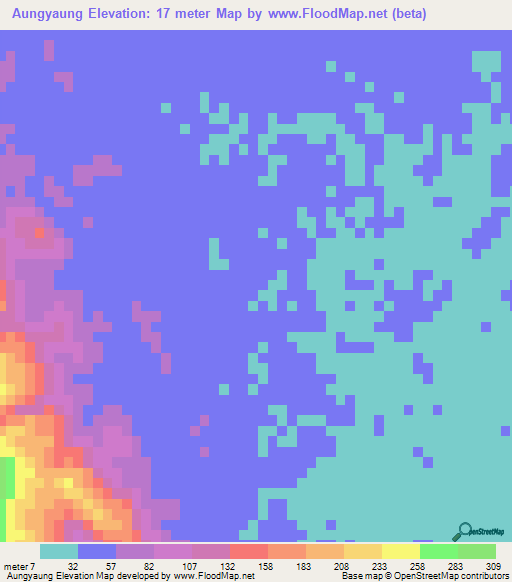 Aungyaung,Myanmar Elevation Map