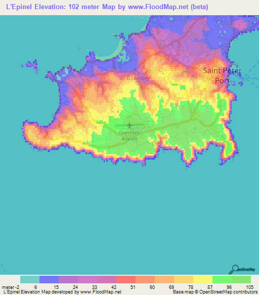 L'Epinel,Guernsey Elevation Map