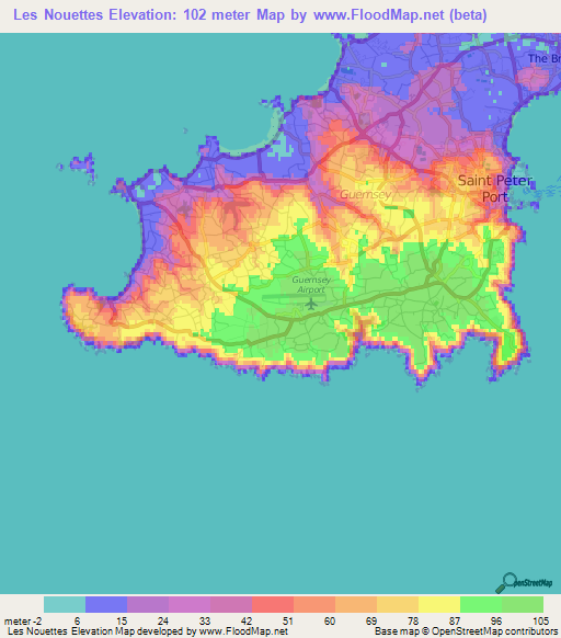 Les Nouettes,Guernsey Elevation Map