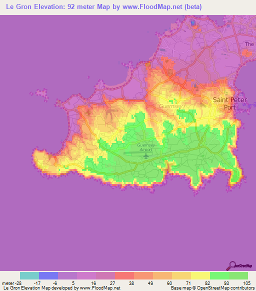 Le Gron,Guernsey Elevation Map