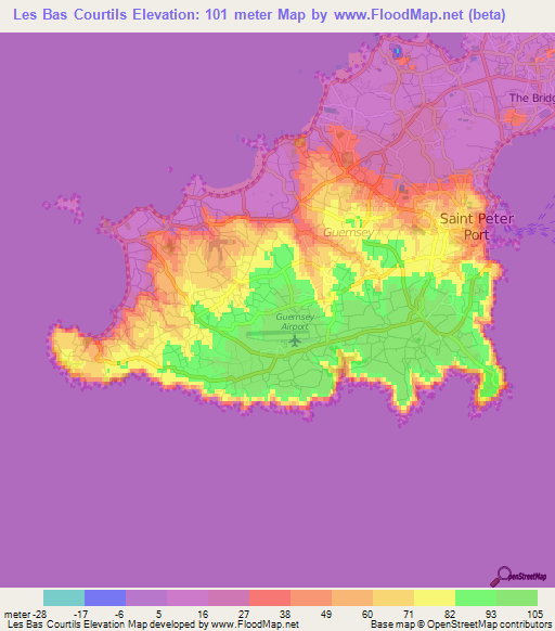 Les Bas Courtils,Guernsey Elevation Map