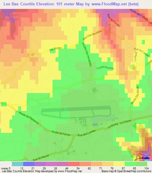 Les Bas Courtils,Guernsey Elevation Map