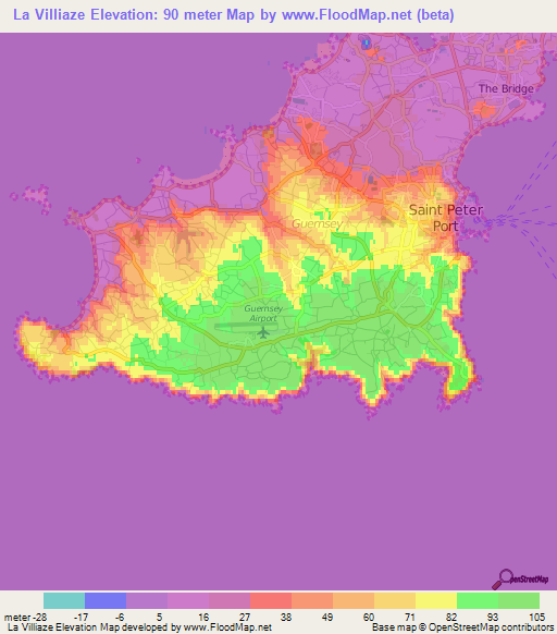 La Villiaze,Guernsey Elevation Map