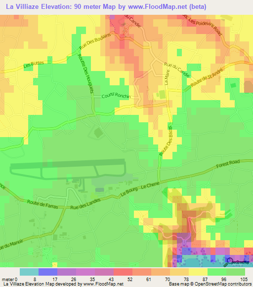 La Villiaze,Guernsey Elevation Map