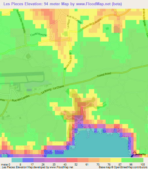 Les Pieces,Guernsey Elevation Map