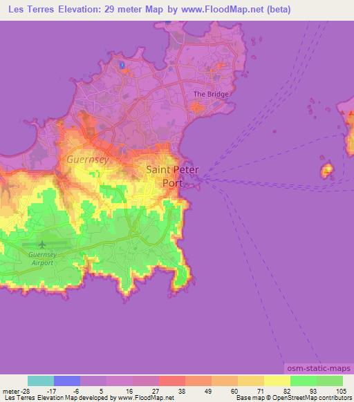 Les Terres,Guernsey Elevation Map