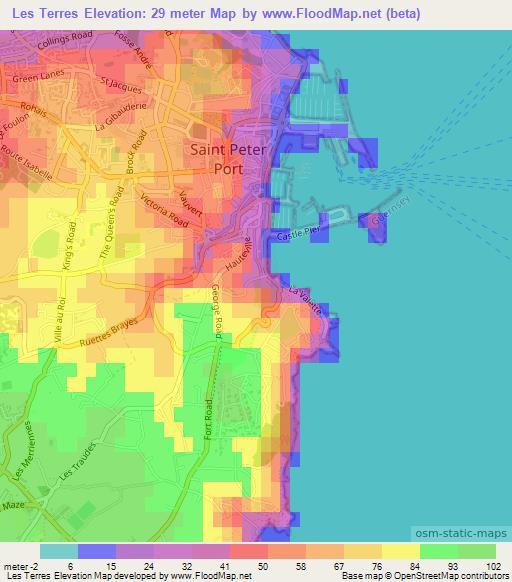 Les Terres,Guernsey Elevation Map