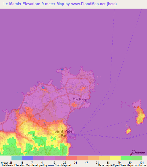 Le Marais,Guernsey Elevation Map
