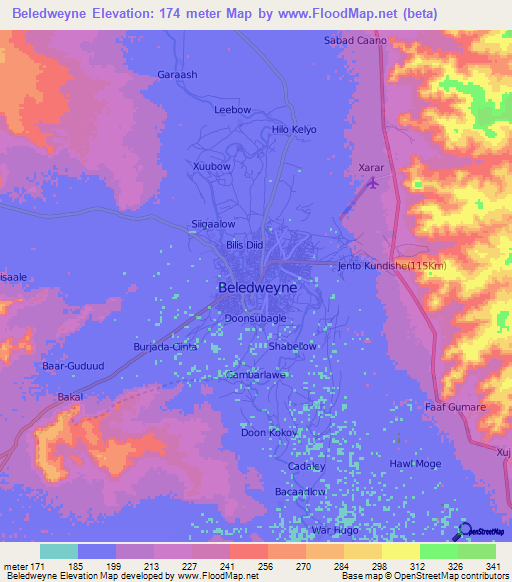 Beledweyne,Somalia Elevation Map