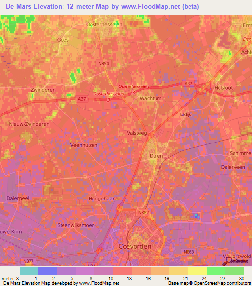 De Mars,Netherlands Elevation Map