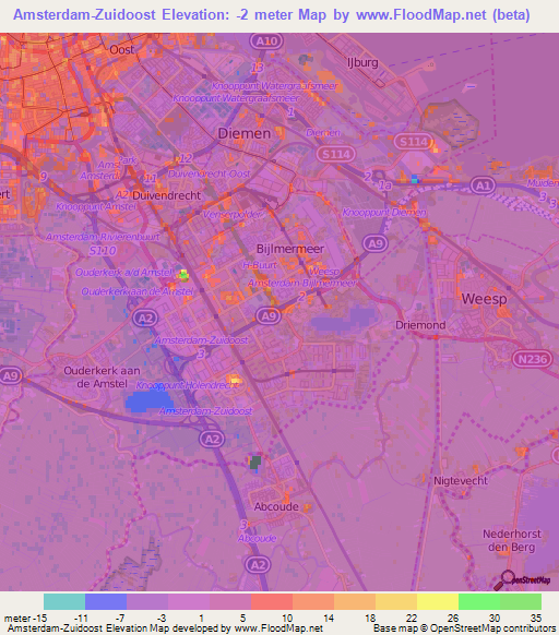 Amsterdam-Zuidoost,Netherlands Elevation Map