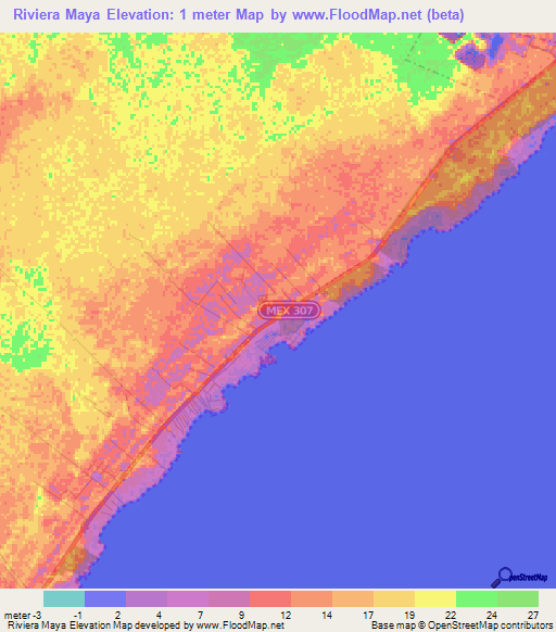 Riviera Maya,Mexico Elevation Map