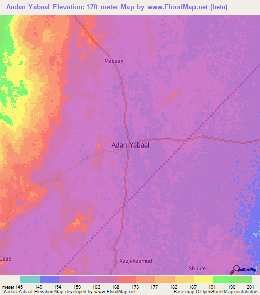 Aadan Yabaal,Somalia Elevation Map