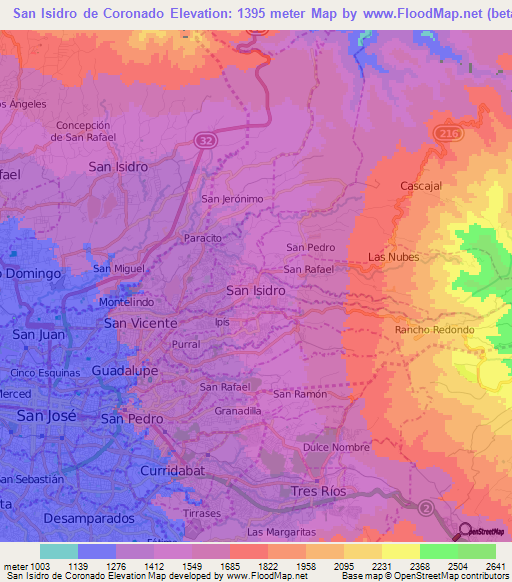 San Isidro de Coronado,Costa Rica Elevation Map