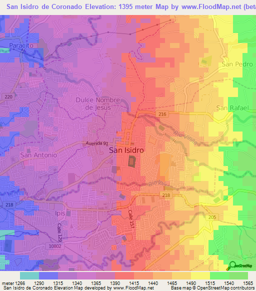 San Isidro de Coronado,Costa Rica Elevation Map