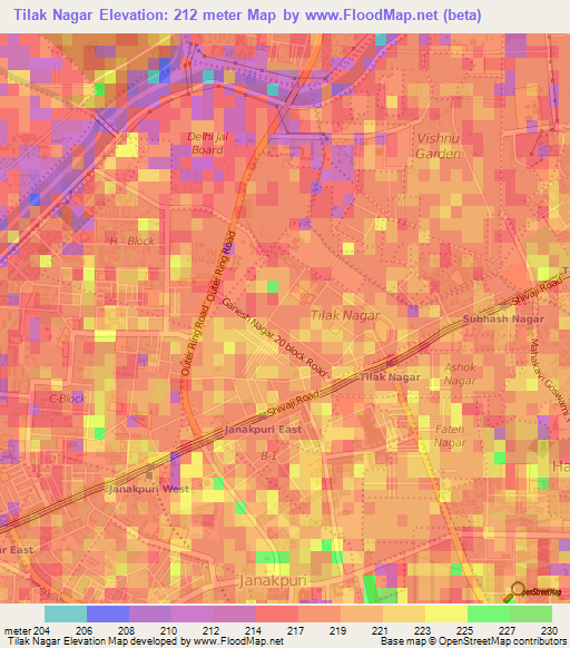 Tilak Nagar,India Elevation Map