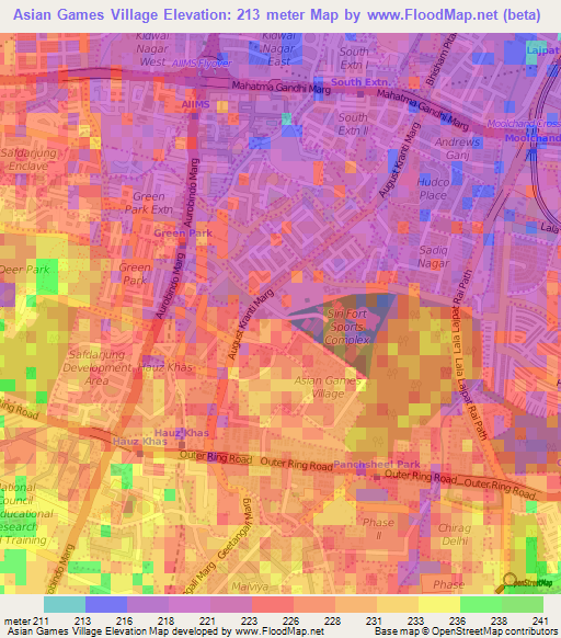 Asian Games Village,India Elevation Map