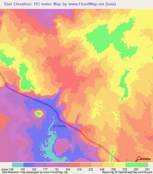 Sbei,Mauritania Elevation Map