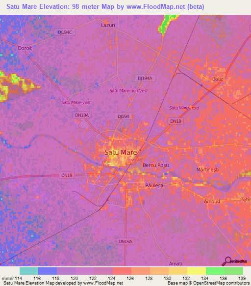 Satu Mare,Romania Elevation Map