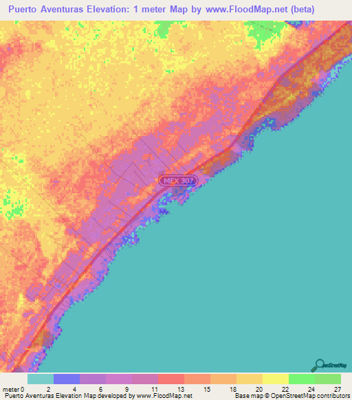 Puerto Aventuras,Mexico Elevation Map